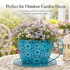 Iron Teacup Planter, Vintage Coffee Cup Flower Pot with Floral Cutout Design, Suitable for Indoor Outdoor Decoration, Ideal for Succulents Flowers, Balcony Garden Decor (Blue) - Image 3