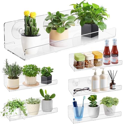 Windproof Window Plant Shelves 6 Pack - 15" Suction Cup Floating Shelf Set for Indoor Plants, Herb Gardens, Books & Decor, Bathroom and Kitchen Space-Saving Wall-Mounted Clear Acrylic Sill Extender by VZZNN