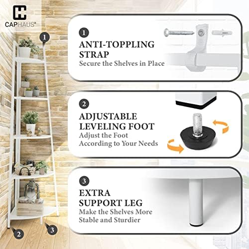 CAPHAUS 6-Tier Corner Shelf Stand, Tall Display Shelves, Ladder Corner Wood Storage Plant Bookshelf with Metal Frame, Versatile Shelving Unit Bookcase for Home Office Space, White - Image 5