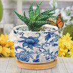 Blue and Indigo Floral Planters Ceramic Chinoiserie Chic Flower Round Plant Pots with Drainage Holes and Bamboo Tray Pot for Home Office Desk Garden - Image 6