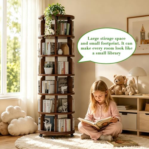 6 Tier 360° Rotating Solid Wood Bookshelf with Wheels - Image 5