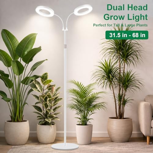 LBW Dual Head Grow Light with Stand for Indoor Plants, Full Spectrum Grow Light for Multiple Tall Plants, Adjustable Height up to 68", Auto Cycle Timer 6/8/12/16H, 5-Level Dimmable, 3 Lighting Modes - Image 2