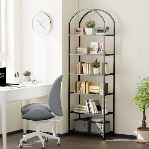 Homhedy 6-Tier Tall Black Bookshelf, Arched Bookcase with Glass Shelves - Image 6