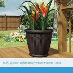 Suncast Wicker Planter w/ Drillable Drain Holes, Decorative Indoor/Outdoor Pot, 18in, Java - Image 2