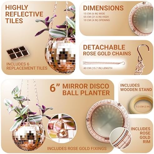Bubblegum Stuff - Rose Gold Disco Ball Hanging Planter - Hanging Basket for Indoor Plants, Rose Gold Chain, Rose Gold Rim, Herb Planter, Hanging Plant - Hanging Plant Pots - Room Decor 6 inch, BG2440 - Image 3
