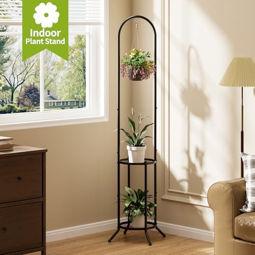 BMOSU Plant Stand with Hooks Indoor Outdoor Corner Tall Plant Stand Heavy-Duty Metal 3-Tier Plant Shelf Holder Rack for Patio Garden Balcony Living Room Bedroom(circular Black) - Image 4