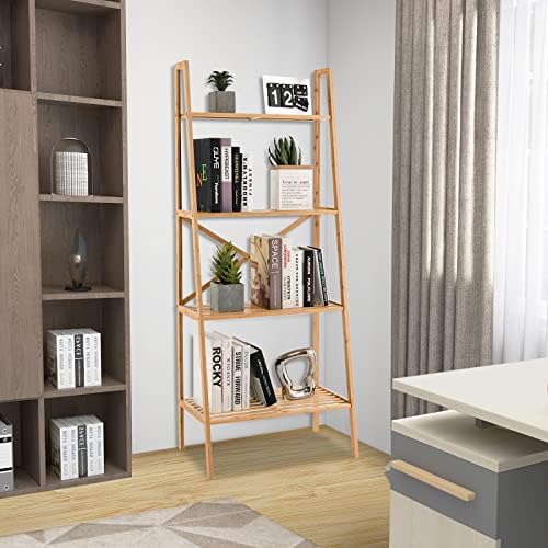 Tangkula 4-Tier Bamboo Ladder Bookshelf, Rustic Bookcase, Floor Standing Shelving Unit, Book Shelf Storage Organizer, Display Rack for Living Room, Kitchen, Bedroom, Office (1, Natural) - Image 7