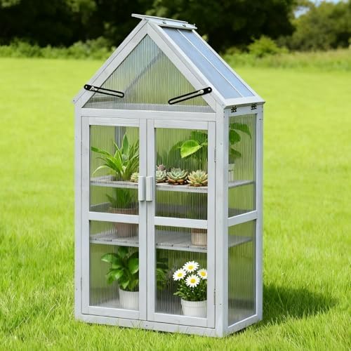 Mini Greenhouse , Tiered Plant Stand for Indoor/Outdoor Use, Small Wooden Green House with Adjustable Shelves & Roof Panels, Greenhouse Cabinet Fit for Plants, Herbs, Tomatoes by NOIBAD