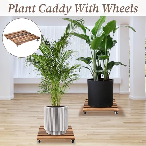 2 Pack 16 Inch Wooden Rolling Plant Stand with Lockable Wheels Heavy Duty Square Plant Dolly Pot Risers Roller Base for Indoor Outdoor Planters - Image 6