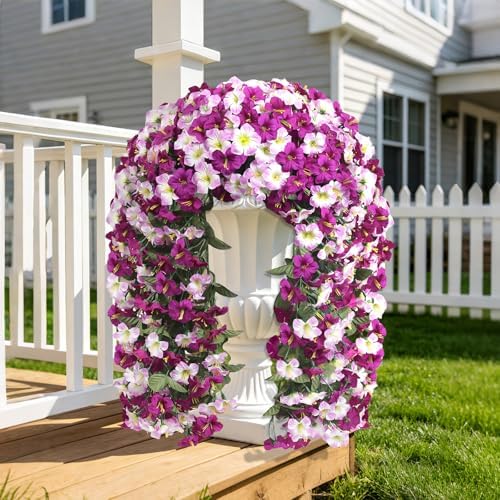 Artificial Hanging Flowers for Outdoors, 4 PCS 544 Blooms UV Resistant Morning Glory Faux Silk Vines, No-Odor Realistic Fake Plants for Garden Planter Porch Patio Decoration, Lotus Lightpurple - Image 2
