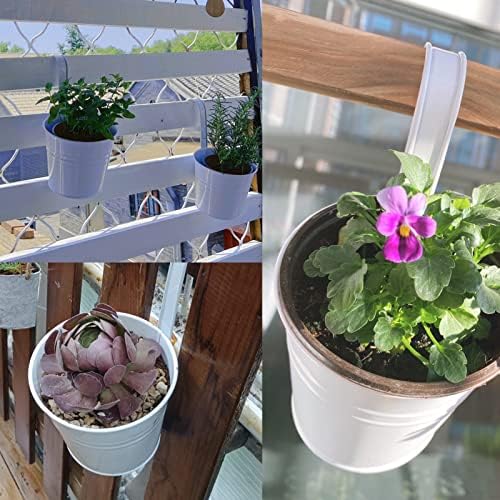 KINGLAKE Flower Pots,10 Pcs Metal Iron Hanging Flower Plant Pot Balcony Garden Plant Planter Baskets Fence Bucket Pots 6.3'' Flower Holders with Detachable Hook White - Image 6