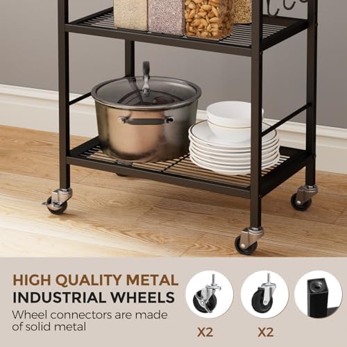 3-Tier Metal Storage Rack with Industrial Wheels,Mesh Shelving Unit with Wooden Table top,Adjustable Shelf,16.9-Inch Width,for Kitchen,Laundry,Pantry,Plant,Black - Image 6