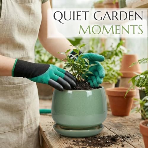 10.3 Inch Flower pots for Indoor Outdoor Plants with Saucer Drainage Leak-Proof Mesh, Ceramic Planter with Gardening Gloves for Succulent and Flower (Crackled Green) - Image 5