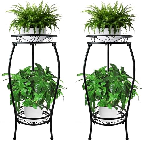 CASIMR 2Pack Plant Stand Indoor Outdoor, 2 Tier 26.6" Tall Metal Potted Holder Rack Multiple Flower Pot Stand Heavy Duty Plant Shelf Rustproof Iron Plant Round Supports Rack by CASIMR