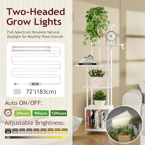 Homsorout Plant Stand Indoor with Grow Light - 6-Tier Metal Plant Shelf with Hanging Basket Hook, Corner Tall Flower Holder for Multiple Plants, Living Room Balcony Garden Patio, White - Image 3