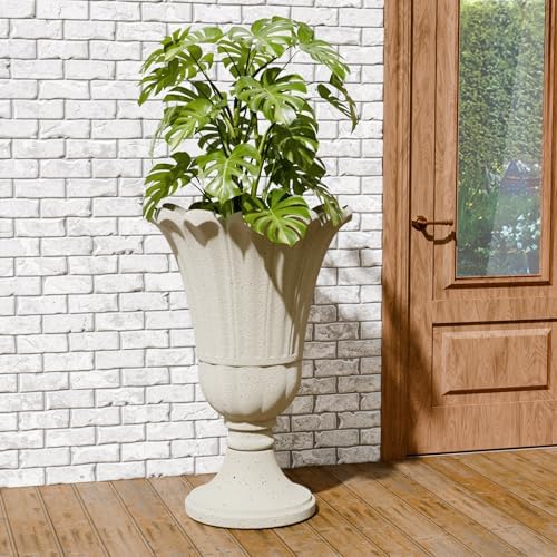 Tall Plastic Urn Planters and Pedestal - 24" Outdoor Planter Beige - Image 6