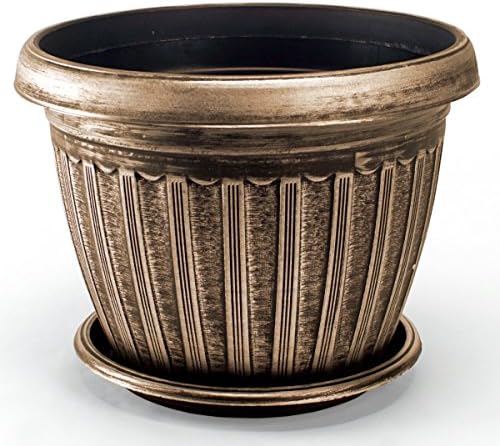 Rustic Flowerpot 12" Planter, Set of 2 Pots and 2 Saucers (4 Pieces) for Garden Patio Office Ornaments Home Décor Long Lasting Reusable Light Weight (Gold-L) - Image 2