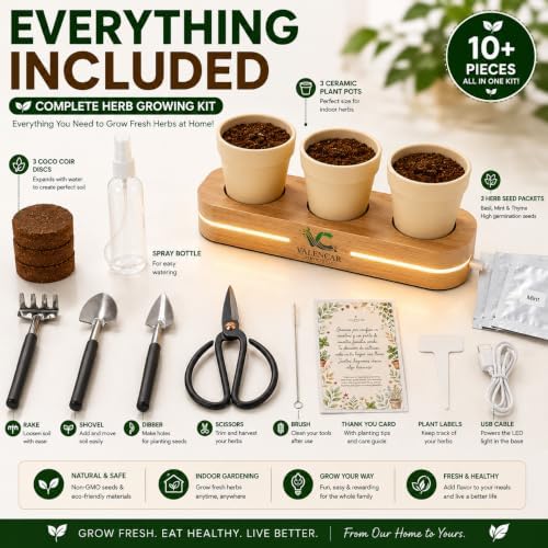 Wooden Indoor Herb Garden Kit with LED Grow Light - Modern Countertop Planter for Kitchen Decor, Unique Gardening Gift for Women & Beginners, 3 Pot Indoor Planting Starter Set - Image 2