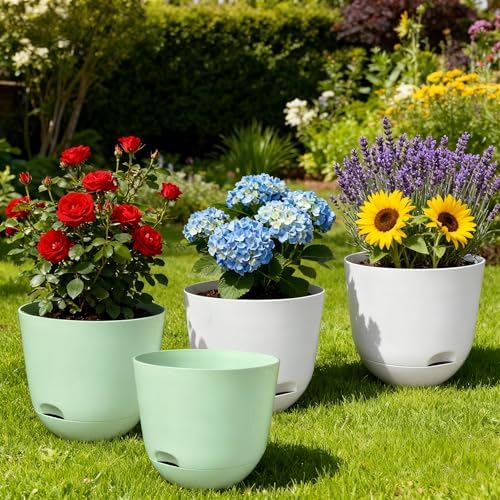 Plant Pots 10 Inch Green Color Self Watering Pots, Set of 2 Plastic Planters with Drainage Holes and Saucers,Plastic Flower Pots,Nursery Planting Pot for Indoor Out Door Plants - Image 4