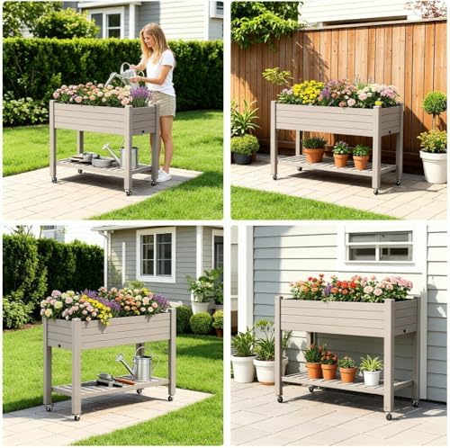 Raised Garden Bed with Shelf, Rolling Resin Planter Box, Gray - Image 5