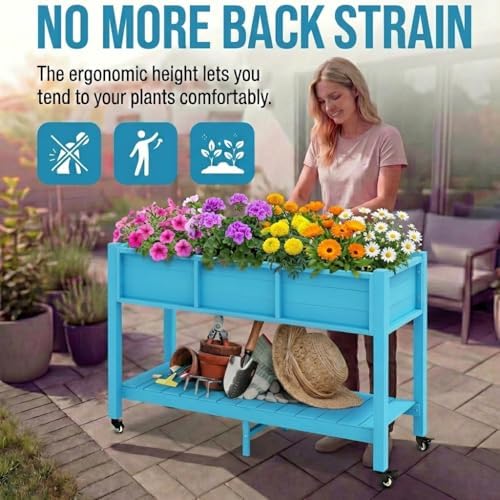 YITAHOME Raised Garden Bed HDPE, 47x18x31In Raised Flower Bed Poly-Wood Weather-Resistant Elevated Planter Box with Lockable Wheels & Storage Shelf for Vegetable Flower, Aruba Blue - Image 6