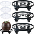 3 Packs Metal Plant Caddy 10.6 Inches Plant Dolly Coasters with Wheels Heavy Duty Rolling Plant Stand with Casters for Indoor Outdoor Flower Pot Mover Rollers Black, Plastic Saucers Included by Planterhoma