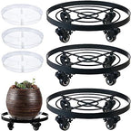3 Packs Metal Plant Caddy 10.6 Inches Plant Dolly Coasters with Wheels Heavy Duty Rolling Plant Stand with Casters for Indoor Outdoor Flower Pot Mover Rollers Black, Plastic Saucers Included by Planterhoma