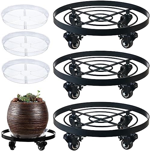 3 Packs Metal Plant Caddy 10.6 Inches Plant Dolly Coasters with Wheels Heavy Duty Rolling Plant Stand with Casters for Indoor Outdoor Flower Pot Mover Rollers Black, Plastic Saucers Included by Planterhoma