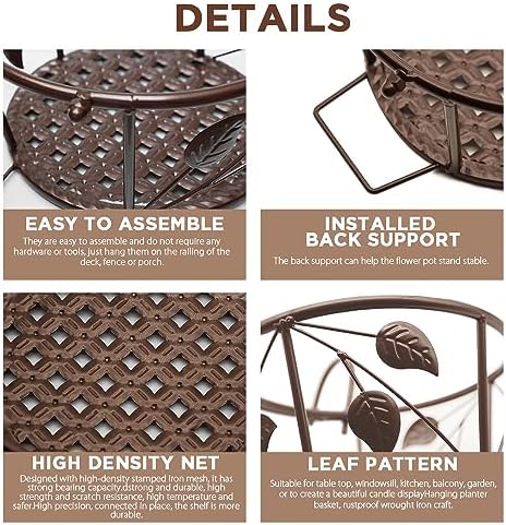 Iron Art Metal Railing Flower Pot Hanging Basket for Indoor Pot Holder Hanger 3 Pack Outdoor Plants Perfect for Porches and Patio Decor Leaf Pattern (Champagne) - Image 4