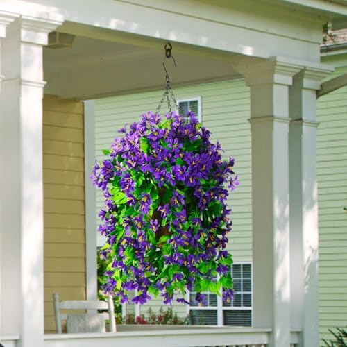 INQCMY Fake Hanging Flowers with Basket Artificial Violet for Outdoor Porch - Image 3