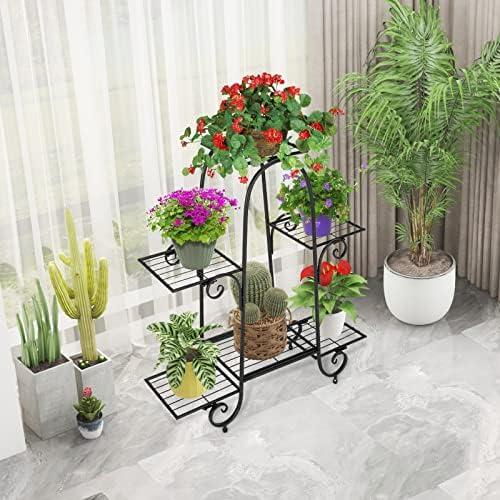 S AFSTAR 6-Tier Metal Plant Stand, Heavy-Duty Plant Display Stand Rack w/ Adjustable Footpads, Slatted Support Panel, Elevated Base, Decorative Flower Potted Holder Rack for Balcony, Living Room, Easy Assembly - Image 2