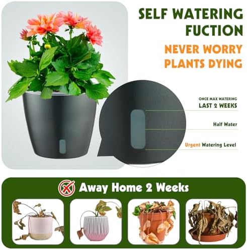 Self Watering Pots for Indoor Plants, 6-Pack 6.7'' Self Watering Planter with Drainage Holes, Small African Violet Pots with Water Indicator, Clear Wick Orchid Pot, Grey - Image 2
