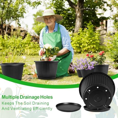 Fodetyff 14-inch-Plastic-Plant-Pots-with-Saucer, Flower Pots Containers for Indoor Outdoor Plants, Large Resin Planter with Drainage Holes and Saucers for Snake Plant Monstera - Image 4