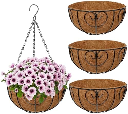 10 inch Metal Hanging Baskets for Plants Outdoor, 4 Pack Metal Wire Hanging Basket Planter with Coco Liner Flower Pots for Indoor Outdoor Garden Porch Patio, Heart-Shaped by NatureCrafted