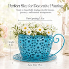 Iron Teacup Planter, Vintage Coffee Cup Flower Pot with Floral Cutout Design, Suitable for Indoor Outdoor Decoration, Ideal for Succulents Flowers, Balcony Garden Decor (Blue) - Image 4