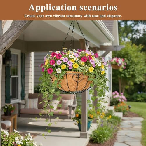 4 Pack Hanging Planter for Outdoor Plants 14 inch Metal Hanging Flower Basket with Coco Coir Liner Round Wire Plant Holder Chain Flower Pots Outdoor Garden Decoration Watering Hanging Baskets（AX） - Image 7