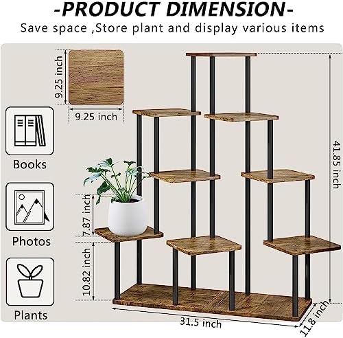 9 Tier Plant Stand Indoor, Thickened Metal Wood Corner Plant Shelf Stands for Multiple Plants, Indoor Tall Plants Stand Tiered Flower Holder for Living Room Patio Garden Balcony(Black+Brown) - Image 3