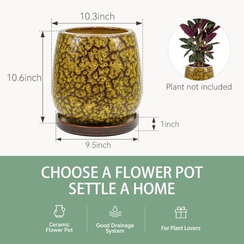 10.3 Inch Ceramic Glaze Plant Pot with Saucer, Flower Pots with Drainage Hole Mesh Net (Spot Yellow) - Image 6