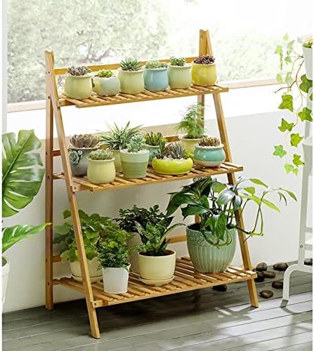 Folding Plant Stand,3 Tier Ladder Shelf for Flower Pot Display,Bamboo Plant Stand Storage Rack for Indoor & Outdoor Garden Balcony Living Room (Size : 70x40x96cm) by Antourlamm