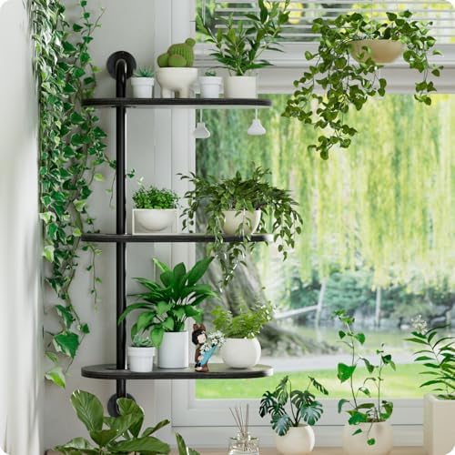 Rotating Window Plant Shelves 3-Tier, Wooden Window Shelf for Plants, Sill Space-Saving Corner Hanging Wall Stand for Multiple Plants, Indoor Home Decor, Black - Image 6