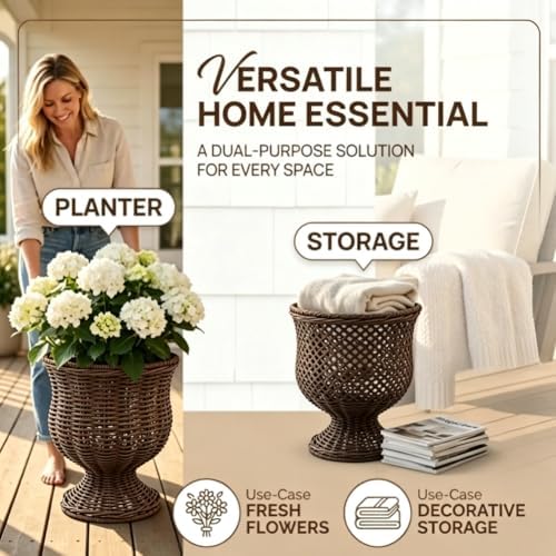 Goblet Urn Shape Wicker Planter,Rattan Woven Plant Basket, Rustic Flower Vase, Rattan Urn Vases & Planters Pot for Boho Home Outdoor Plants Décor (2PCS) - Image 6