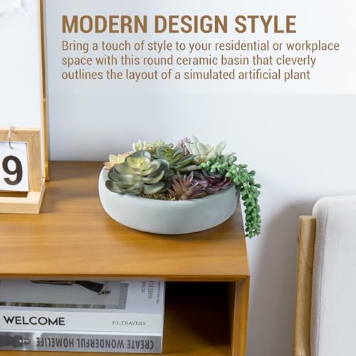MyGift 8 Inch Round Artificial Succulent Plants in Gray Concrete Plant Bowl - Image 2