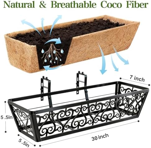 6 Pack 30 Inch Deck Railing Planter Box - Window Boxes Planters with Adjustable Brackets Coco Liners Balcony Planters Railing Hanging for Window Flower Boxes Outdoor Garden Decor - Image 2