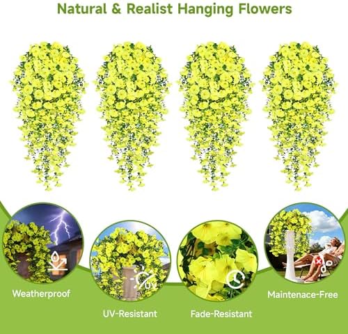 Artificial Hanging Flowers for Outdoors, 4 PCS 600 Blooms UV Resistant Morning Glory Faux Silk Vines, No-Odor Realistic Fake Plants for Garden Planter Porch Patio Decoration, Yellow - Image 2
