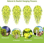 Artificial Hanging Flowers for Outdoors, 4 PCS 600 Blooms UV Resistant Morning Glory Faux Silk Vines, No-Odor Realistic Fake Plants for Garden Planter Porch Patio Decoration, Yellow - Image 2