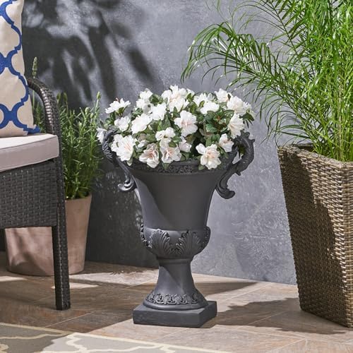 Christopher Knight Home Jorine Patio Planter, Light Concrete Planter, Mid-Centry Gadern Urn, Floral Relif Design Plant Pot, Large Garden Pot, Flower Urn with Drainage Hole for Backyard Home, Black by ChristopherKnightHome
