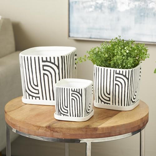 Deco 79 Ceramic Indoor Outdoor Planter Small Planter Pot with Overlapping Black Arches and Attached Saucer, Set of 3 Planters 7',6',5'H, White - Image 2