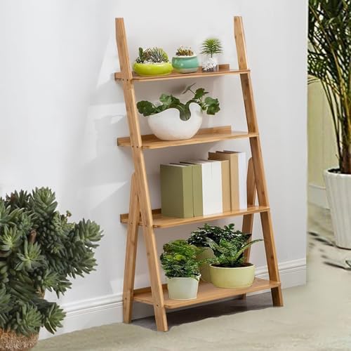 Maydear Bamboo Ladder Shelf Bookcase, 4-Tier Leaning Bookshelf Free Standing Organizer Storage Shelves for Living Room, Bedroom, Kitchen, Home Office, Balcony, Wood Color - Image 5