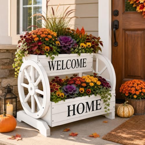 24" White 2-Tier Wooden Flower Cart Wagon Planter with Wheels by Ultym