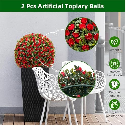 17.7 Inch Artificial Hanging Topiary Balls Set of 2, Faux Flower Balls for Garden Patio Wedding Valentine's Day Decor, Outdoor Indoor Hanging Decorations for Porch Front Door Party,Red - Image 3